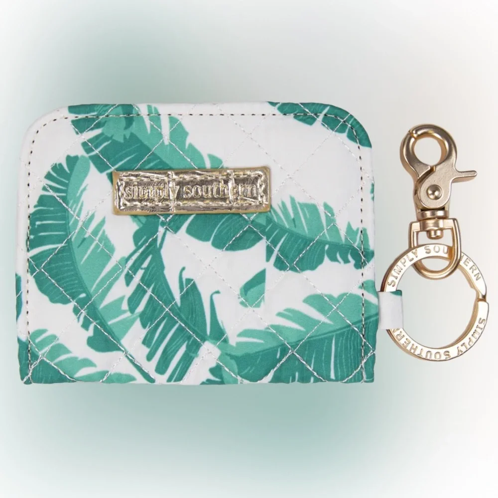 Simply Southern Palm Leaf Quilted Zip Wallet Keychain ID Case Green Pink‎